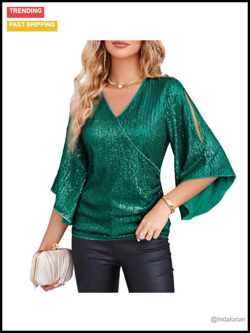 Sequin V Neck Blouse 3/4 Bell Sleeve Sparkly Party Top Slim Fit